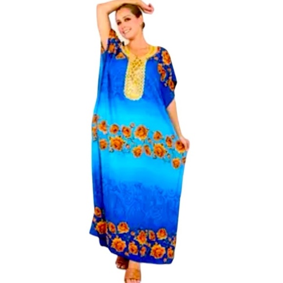 Tamsy Classy bold blue floral gold embroidered v-neck flowy ethnic caftan dress - Picture 1 of 9